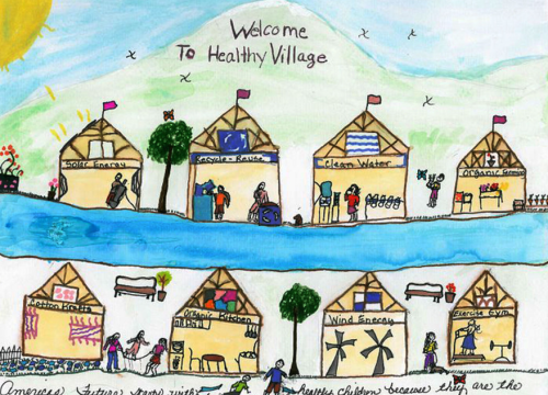 Village scene childrens drawing