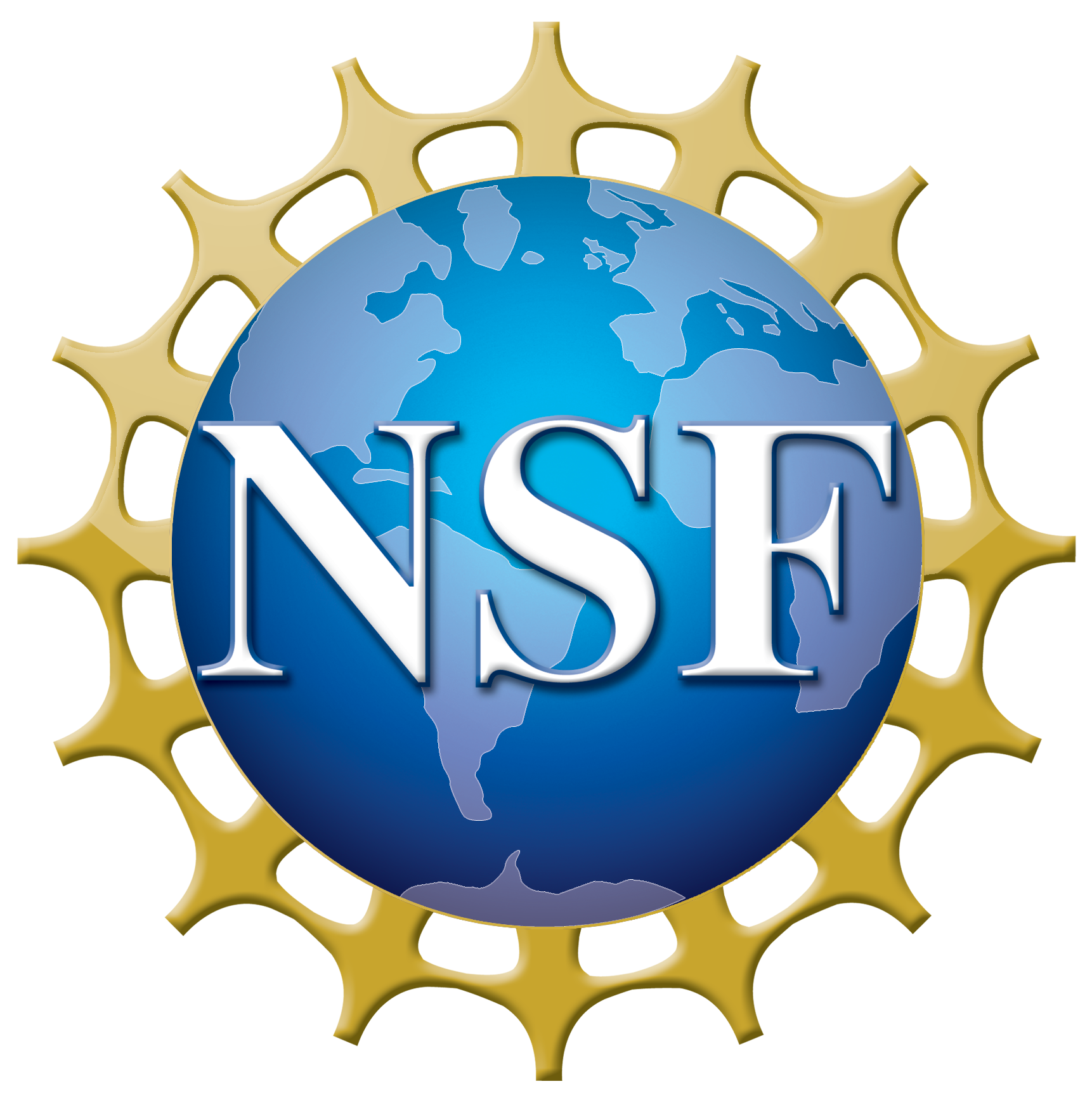 Blue earth encircled by gold human-figures holding hands with NSF in white letters above