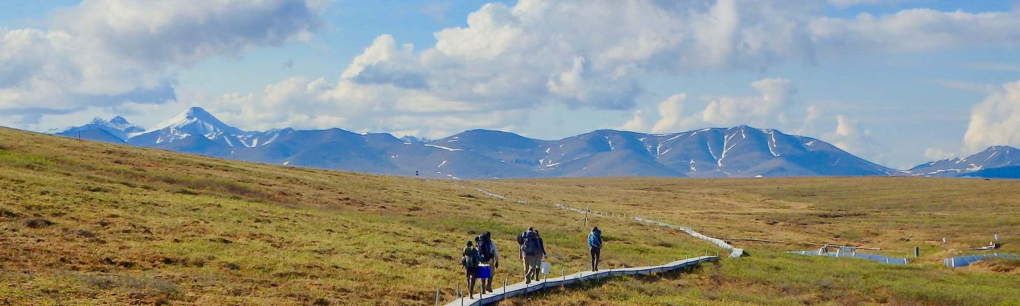 People walking through a field with gear, a backdrop of mountains and partly cloudy skies