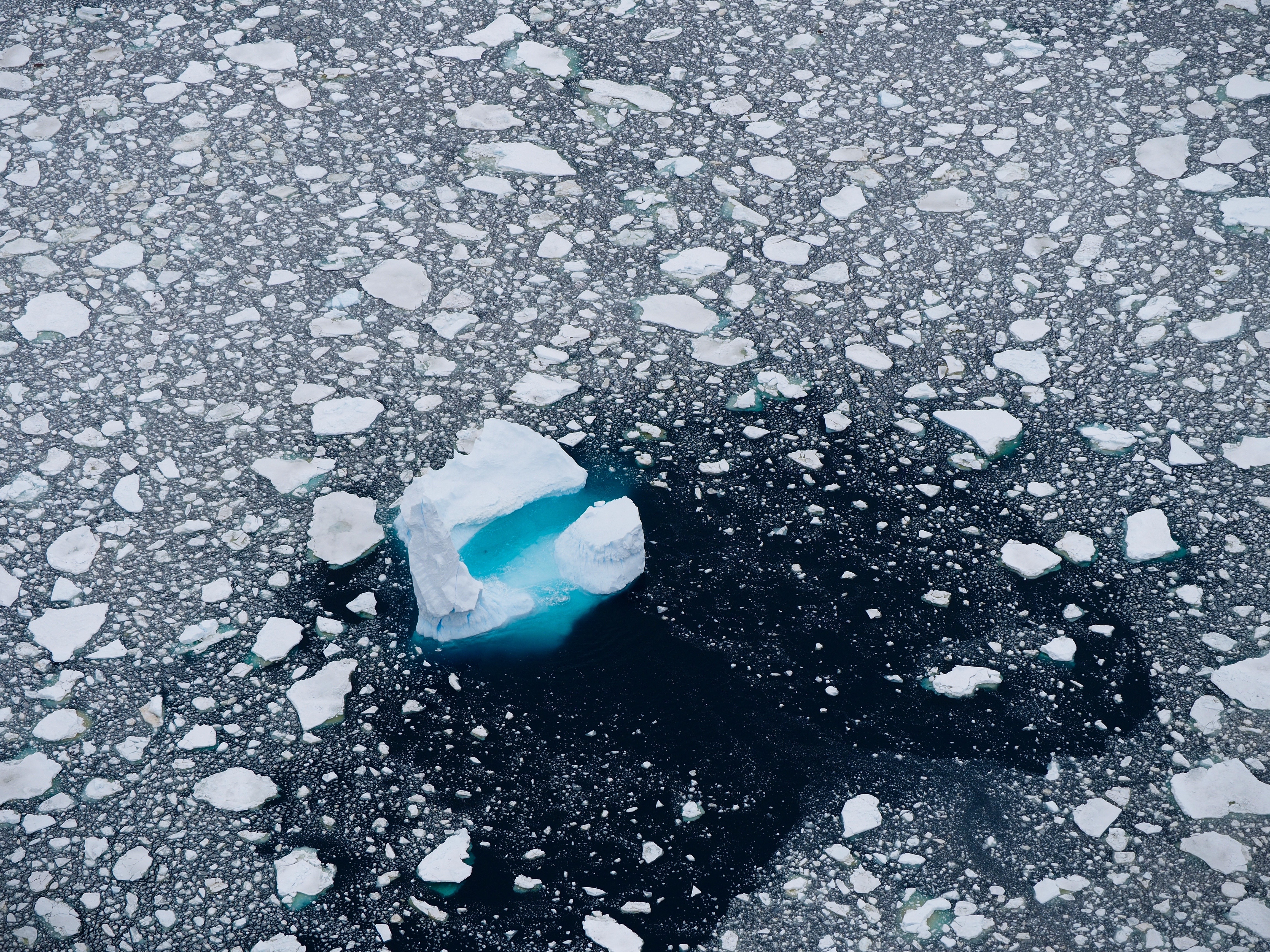 Iceberg and broken pieces of an ice berg floating in the ocean