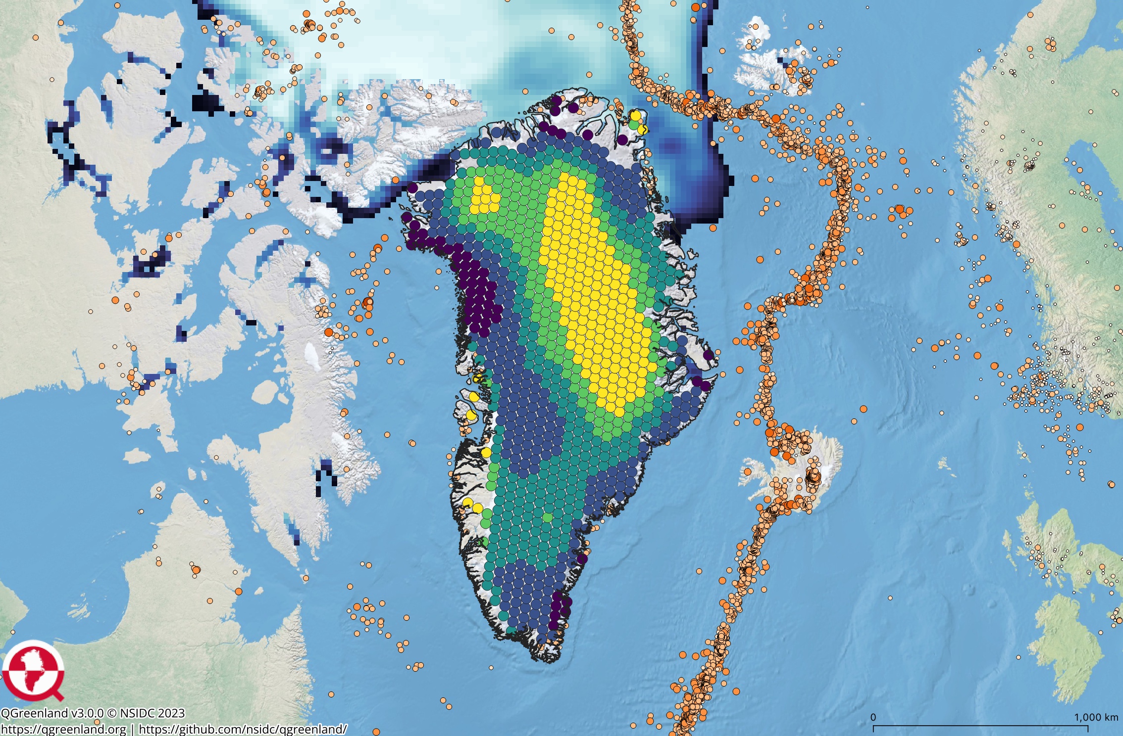 Map of Greenland and different colors covering the map. Yellow, green, purple