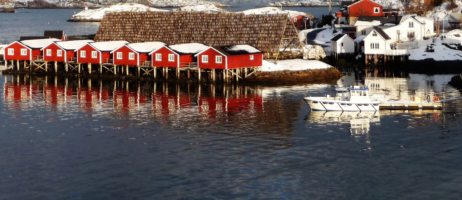 Red, white and brown houses on the ocean in winter with boat 