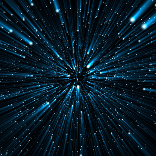A digital illustration of a warp-speed or hyperspace effect, featuring bright blue and white light streaks radiating outward from a central point against a dark space background, creating the illusion of rapid motion through a star field.