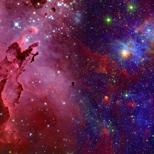 A composite image of space showing two distinct nebula regions. The left side features the reddish-pink Pillars of Creation, with towering columns of gas and dust surrounded by bright stars. The right side transitions into a vibrant, multi-colored star field in shades of blue, purple, and red, filled with glowing stars and cosmic clouds.