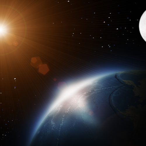 A space scene showing the Sun shining brightly in the top left corner, casting light over the curved surface of Earth, which is partially illuminated. The Moon is visible in the upper right against a backdrop of stars, creating a dramatic cosmic view.