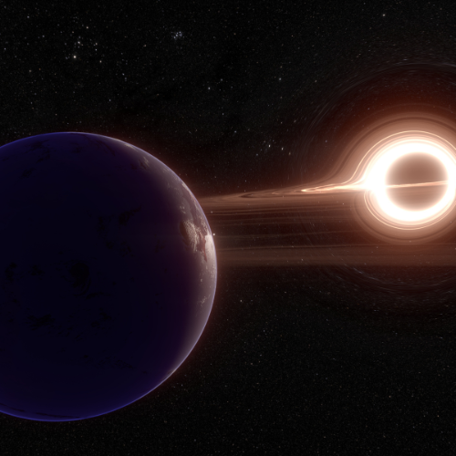 A dramatic space scene showing a dark planet in the foreground with faint illumination on its edge, while a glowing black hole with a bright accretion disk emits light and gravitational distortion in the background, set against a star-filled universe.