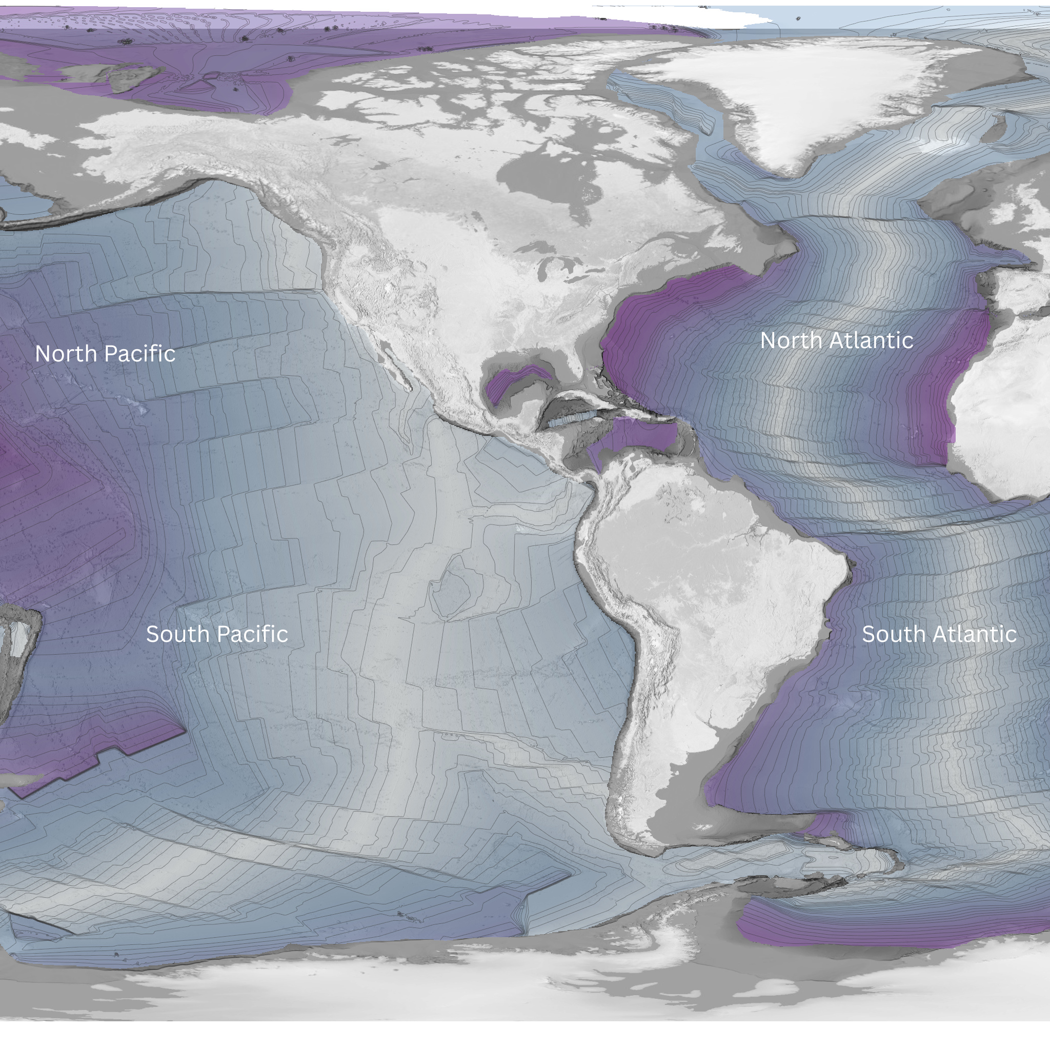 World map showing ocean basins with bathymetric contour lines and shaded relief. The North Pacific, South Pacific, North Atlantic, and South Atlantic oceans are labeled. Cooler colors like blue and purple indicate varying ocean depths, with continental landmasses in grayscale.