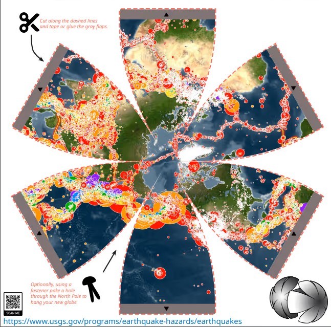 An educational diagram showing global tectonic plate boundaries arranged in a flower-petal shape, with each petal displaying a different region of Earth's tectonic activity. Pink lines mark plate boundaries, and labels identify features such as volcanoes, earthquakes, and mid-ocean ridges. Insets include a camera icon and a globe for orientation.