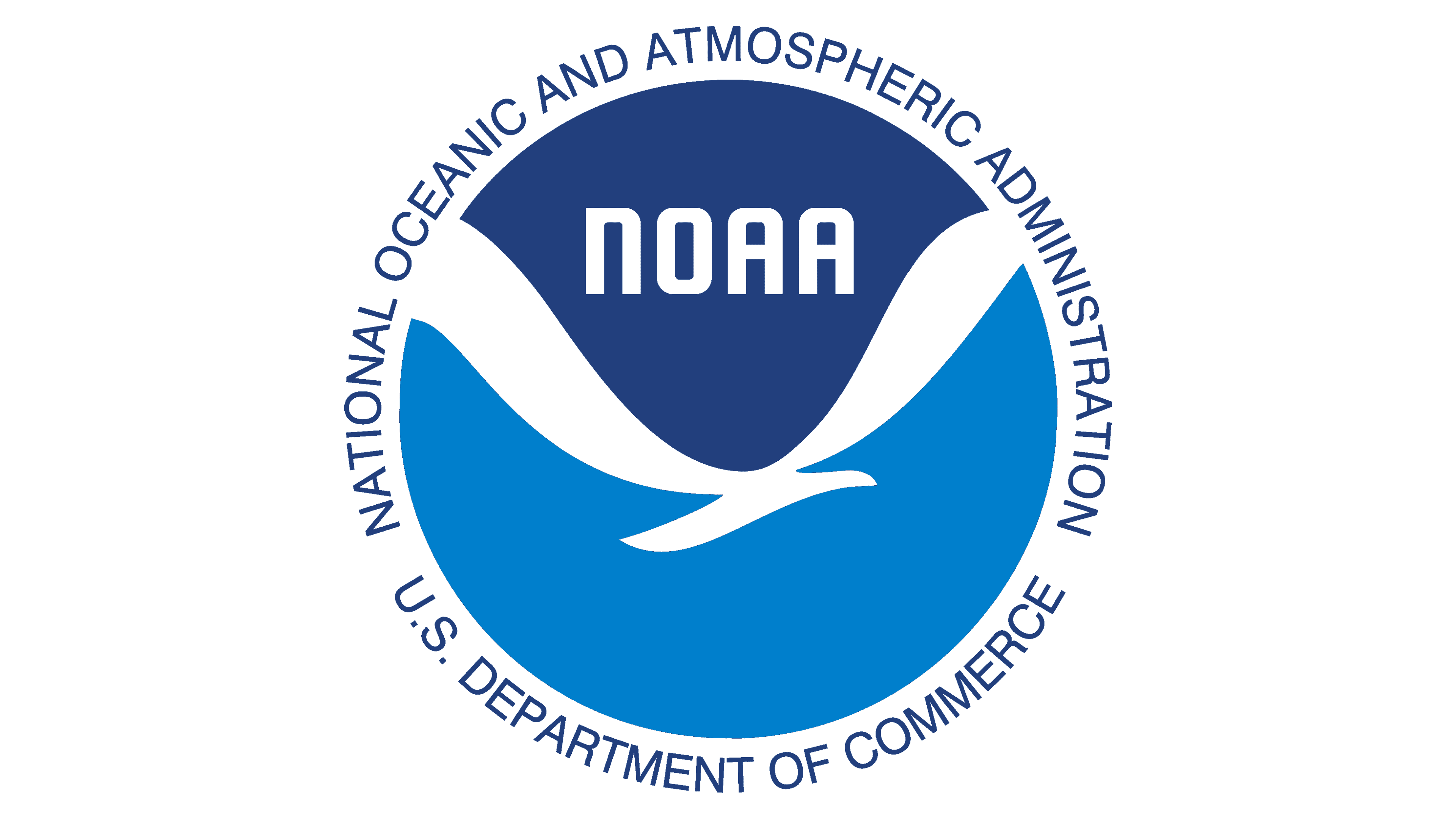 Round NOAA logo with a dark blue upper half containing the text 'NOAA' in white, and a light blue lower half featuring a white stylized seagull in flight