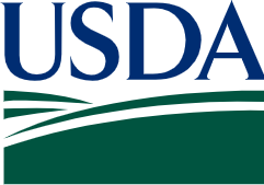 USDA logo with bold blue letters above a green stylized field graphic