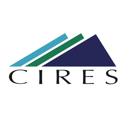 Logo of CIRES featuring three geometric shapes: a light blue diagonal bar, a green diagonal bar, and a dark blue triangle resembling a mountain. Below the shapes, the acronym 'CIRES' is written in bold, stylized black letters