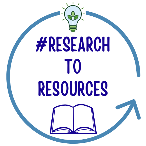 A circular blue arrow wraps around the text “#RESEARCH TO RESOURCE” in bold blue letters, with an open book icon below it. At the top of the circle, there is a glowing green lightbulb with leaves inside, symbolizing eco-friendly or sustainable innovation.