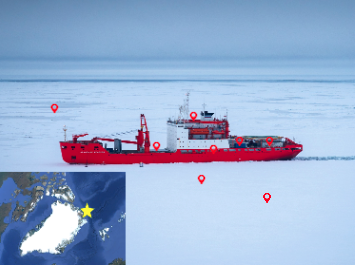 ice breaker frozen in the ice with inlet map and location points