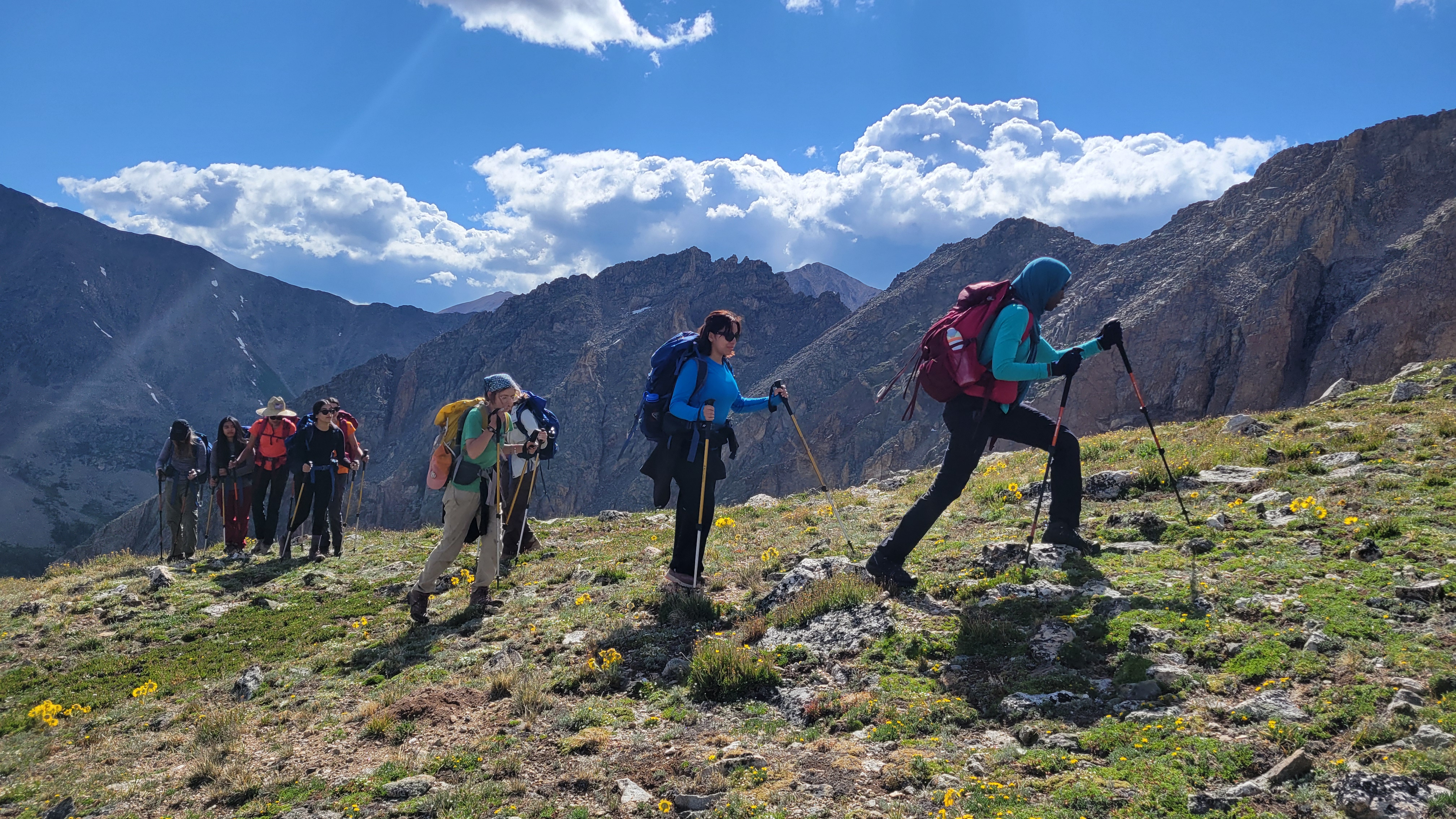 A group of hikers with backpacks and trekking poles ascending a rocky alpine slope under a bright blue sky with scattered clouds. Jagged mountain peaks rise in the background, and small yellow wildflowers dot the grassy terrain