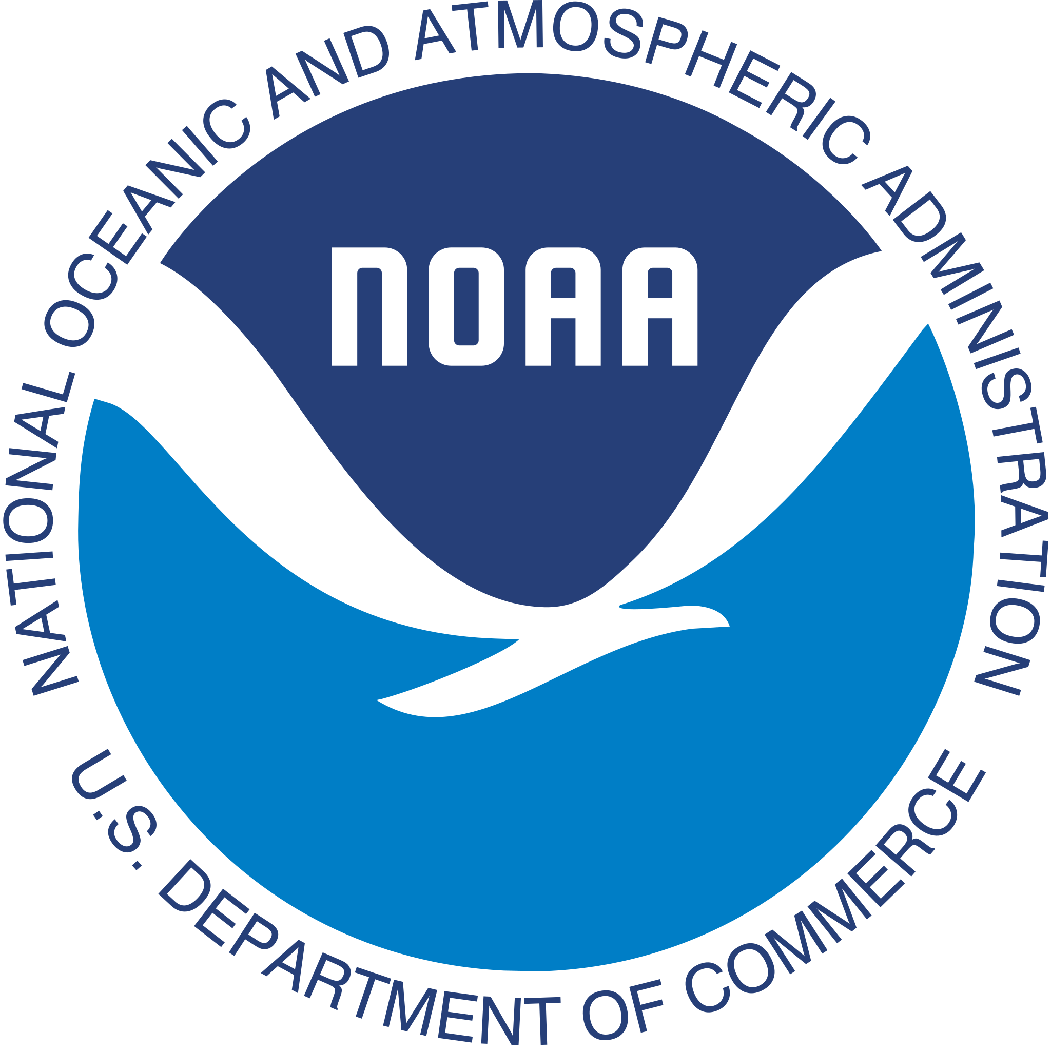 Round NOAA logo with a dark blue upper half containing the text 'NOAA' in white, and a light blue lower half featuring a white stylized seagull in flight