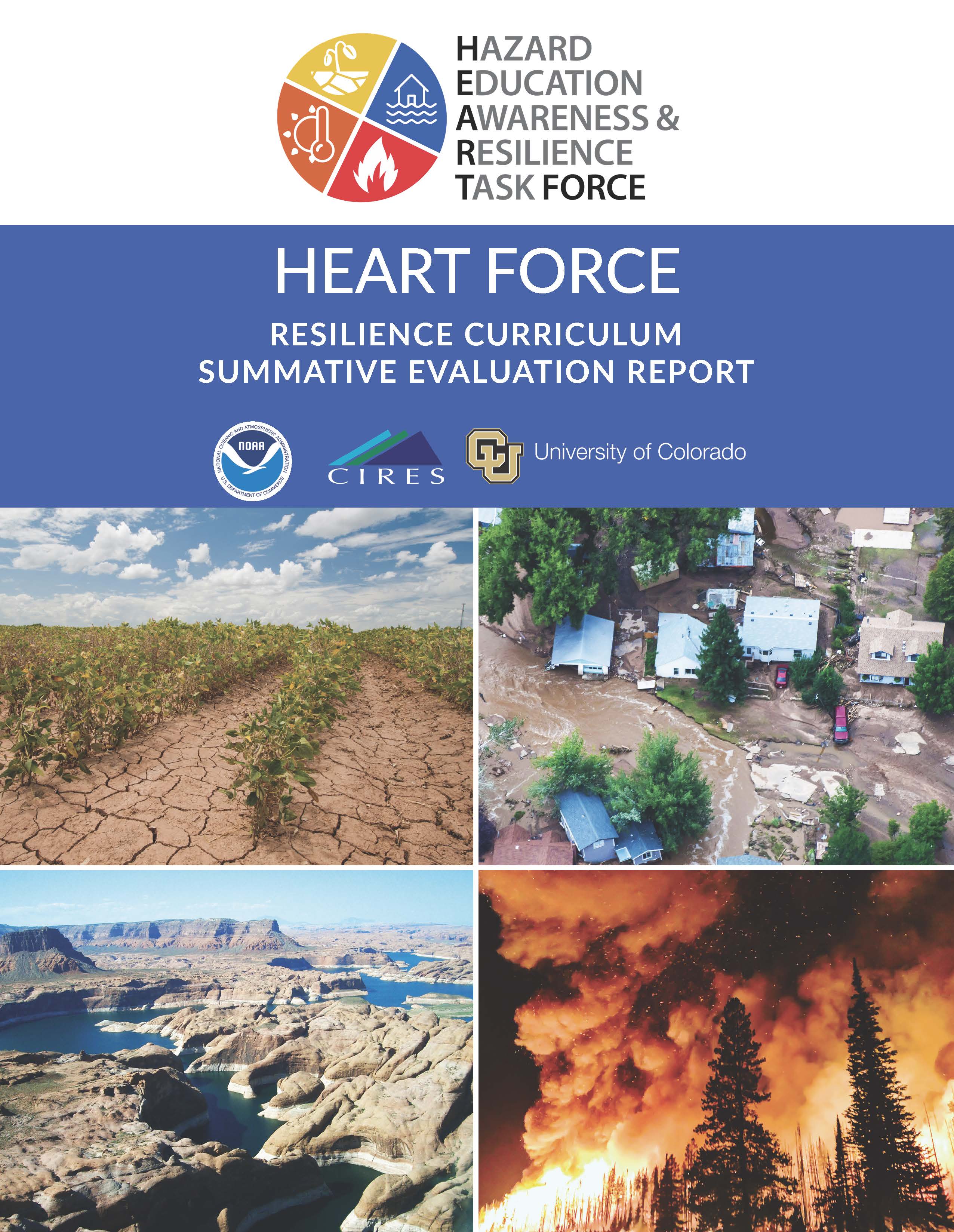 Front page of HEART Force report with HEART logo an images of 3 hazards: drought, flood and wildfire