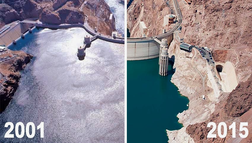 Photo of Lake Mead in 2001 and 2015. Between 2001 and 2015, Lake Mead’s water surface elevation dropped by over 143 feet. Image from the National Park Service.