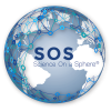 Logo of Science On a Sphere (SOS), showing a globe with network-like blue lines and nodes overlaid. The letters 'SOS' are centered with the tagline 'Science On a Sphere™' below 