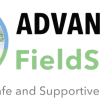 Logo for “ADVANCEing FieldSafety.” The design features an illustration inside a circular frame divided into four quadrants showing diverse people collaborating in different outdoor and fieldwork settings—urban, rural, coastal, and natural environments. To the right, the text reads “ADVANCEing FieldSafety” with “ADVANCE” and “ty” in black and “FieldSafe” in light green. Below, the tagline says “Building Safe and Supportive Field Teams.” 