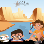 Cartoon graphic of a young girl and boy with a magnifying glass and books and the text "Sé un/a Historiador/a del Agua Creado para niños y adolescentes de 13 años en adelante"