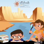 Cartoon graphic of a young girl and boy with a magnifying glass and books and the text "TÓ DANIIDLĮ́ NILĮ́  BE A WATER HISTORIAN! Táá kwe’é nihi naalstoos bá hooghanígíí bił ndeelnish Created for ages 13 and up"