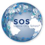 Science on a Sphere logo - earth with data points connected between the countries for each location of SOS with the name on the front of the globe 