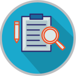 Clipboard with pen and magnifying glass icon