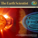 The Earth Scientists publication cover photo of bright orange sun (right) and a coronal mass ejection (blue rays) heading towards earth (right)