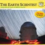 Cover of The Earth Scientist journal. A bright yellow banner runs across the top with the title “THE EARTH SCIENTIST” in bold black serif font, alongside a small emblem. The main image below shows an observatory dome and telescope under a dramatic night sky streaked with circular star trails; the sky’s long-exposure star arcs wrap around the dome. A red “FREE INSIDE” burst on the right highlights a bonus educational poster. A yellow footer at the bottom lists article titles.