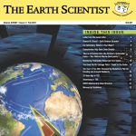 he Earth Scientist" magazine, Volume XXXVIII, Issue 3, Fall 2021. The top section features the title in bold black font on a yellow background, with the National Earth Science Teachers Association (NESTA) logo on the top right. The right side lists the table of contents for the issue, including articles on water quality, geoscience, marine sanctuaries, plastic pollution, and climate resiliency. The bottom half shows a stylized image of Earth with ocean currents and weather patterns illustrated, emphasizing