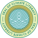 Seal of Climate literacy round logo with writing on the border and blue patten in the middle
