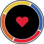 Round black circle with yellow, blue, orange and red border and red heart in the center