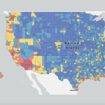 The National Risk Index Map demonstrates natural hazard risk data across the United States by county. Most of central US is in blue and demonstrates lowered hazard risk. Most coastal regions and counties with major cities are red and more at risk.