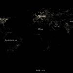 Satellite shot of the Earth from space at night with light pollution.