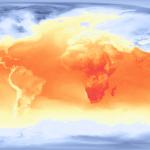 Global temperature map showing climate patterns across Earth. Warmer regions are highlighted in red and orange around the equator, Africa, South America, and Australia. Cooler regions in light blue and deep blue appear in the polar areas of the Arctic and Antarctica, as well as northern Asia and North America