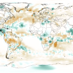 Satellite analysis of global historical precipitation data colored to represent the departure from normal based on the precipitation totals higher than the 1981-2010 average. The graph shows that North America, most of South America, Southern Africa, and Europe are receiving less precipitation than usual. It also shows more precipitation than normal in Latin America and parts of Africa. All of Southeast Asia and Australia are receiving significantly more moisture than usual.