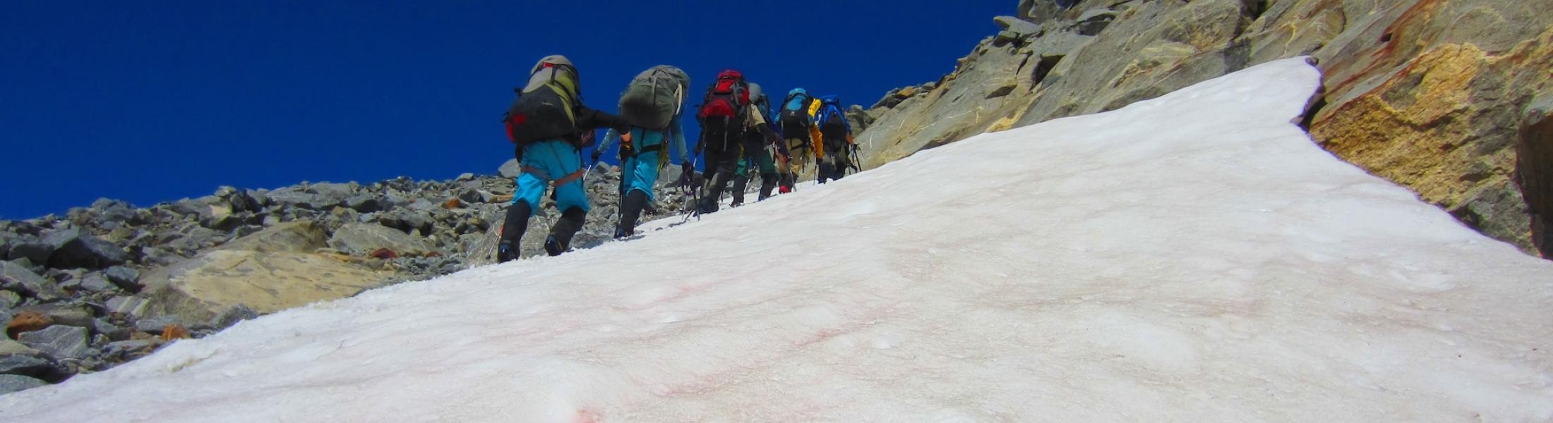 Scientists walk up ice and snow