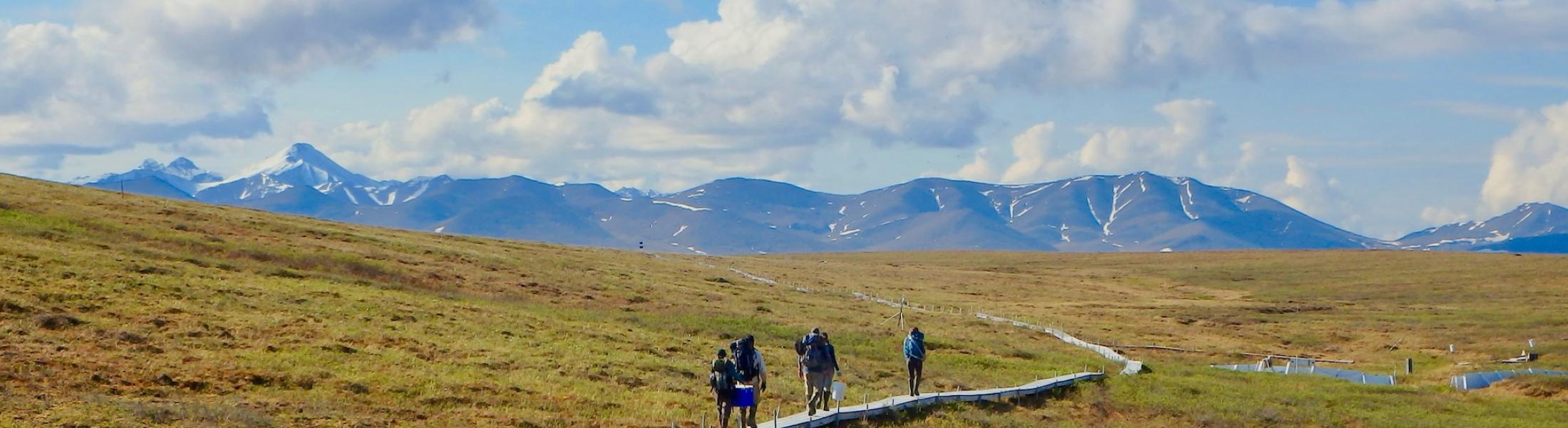 People walking through a field with gear, a backdrop of mountains and partly cloudy skies