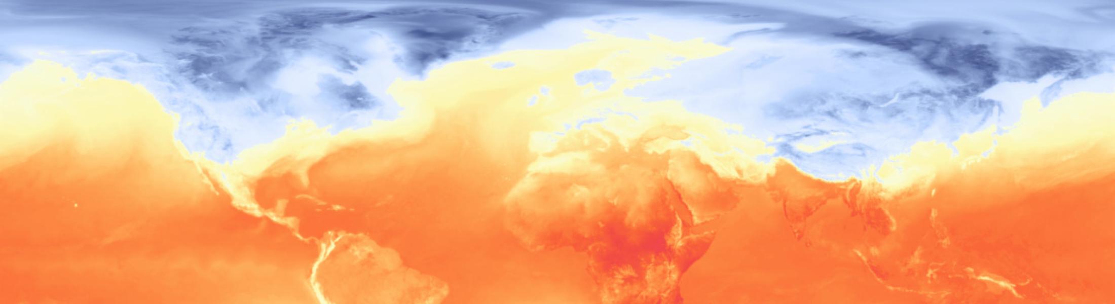 Global heat map showing average surface temperatures. Warmer regions in red and orange dominate near the equator across Africa, South America, and Southeast Asia, while cooler regions in blue appear near the poles and across the oceans.