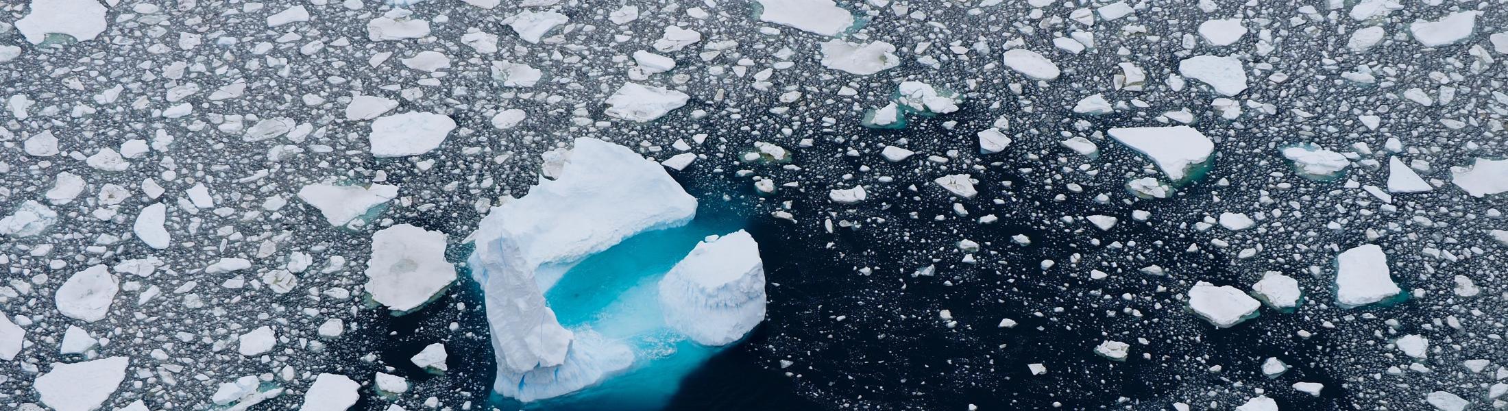 Melting bits of ice float over a deep blue ocean in the arctic sea.