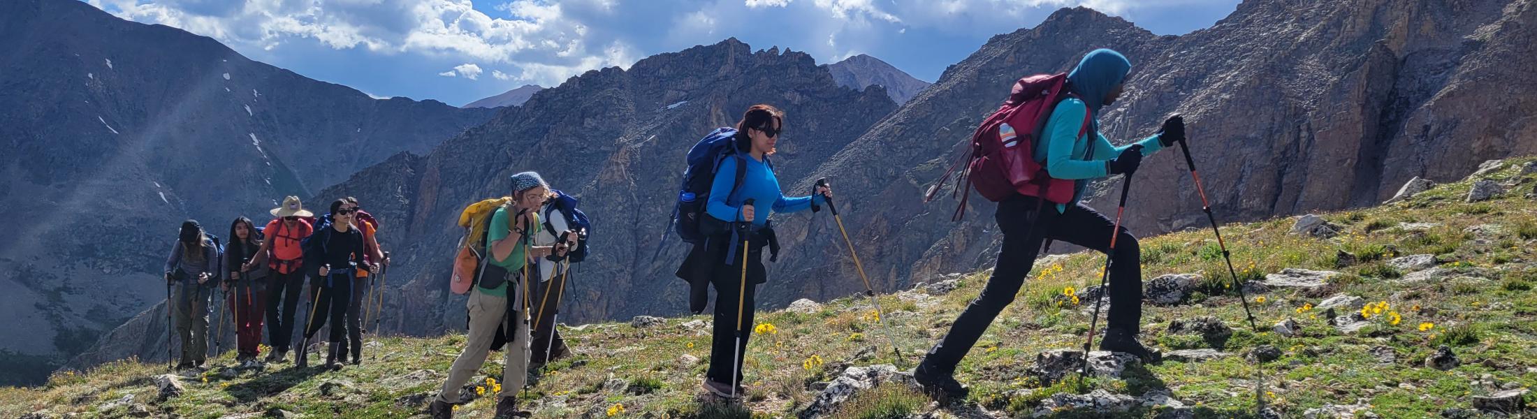 A group of hikers with backpacks and trekking poles ascending a rocky alpine slope under a bright blue sky with scattered clouds. Jagged mountain peaks rise in the background, and small yellow wildflowers dot the grassy terrain