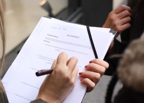 Woman completing survey