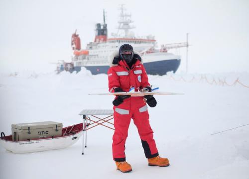 MOSAiC scientist Gina Jozef poses with her drone