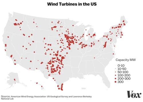 Map of the United States with red dots showing the location of Wind Turbines in the United States