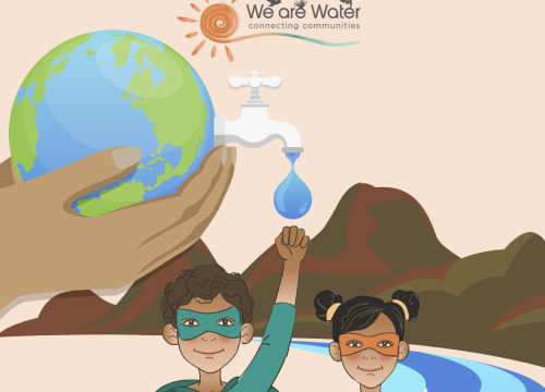 Cartoon graphic of a young girl and boy dressed as superheros and the text "BE A WATER ECOSYSTEM HERO! Battle Water Pollution in a collaborative game and get outside to Find a Pollinator"