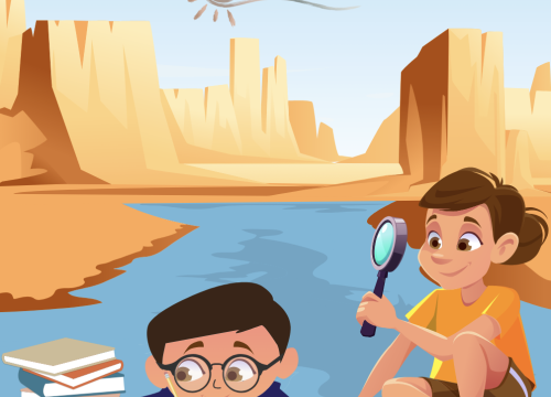 Cartoon graphic of a young girl and boy with a magnifying glass and books and the text "BE A WATER HISTORIAN! Created for ages 13 and up"