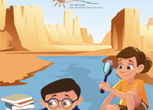 Cartoon graphic of a young girl and boy with a magnifying glass and books and the text "TÓ DANIIDLĮ́ NILĮ́  BE A WATER HISTORIAN! Táá kwe’é nihi naalstoos bá hooghanígíí bił ndeelnish Created for ages 13 and up"