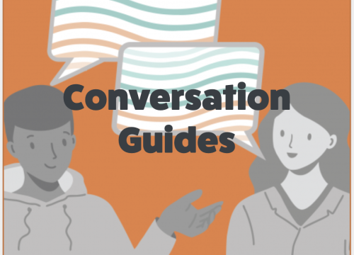 Cartoon graphic of two people talking and the text "Conversation Guides"