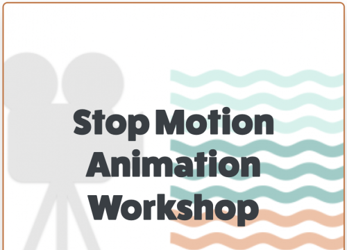 Cartoon graphic of a camera with the text "Stop Motion Animation Workshop"