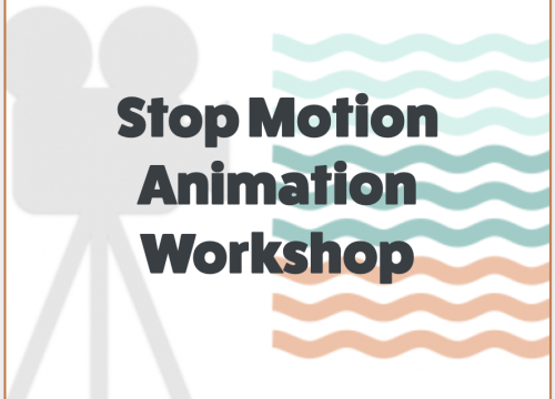 Cartoon graphic of a camera with the text "Stop Motion Animation Workshop"